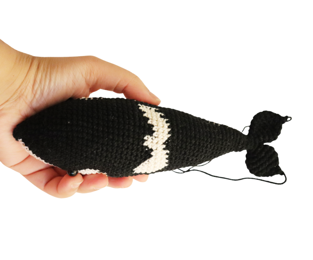 Handmade crochet orca from Woolshie pattern