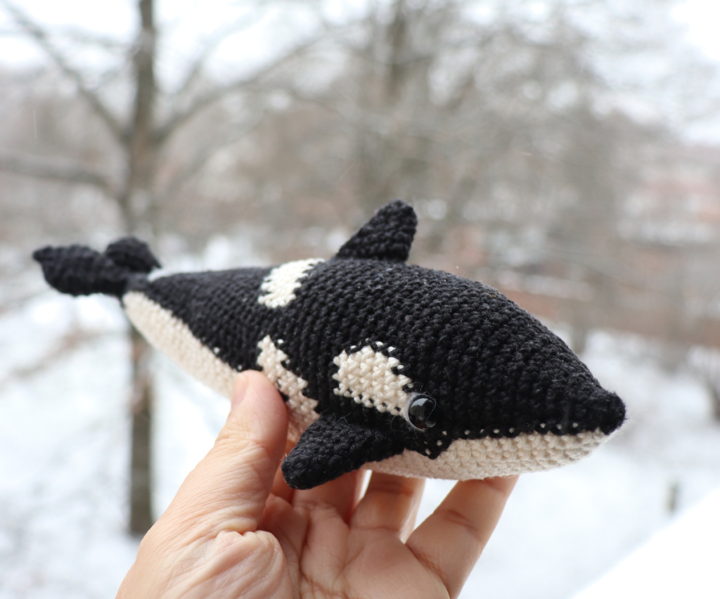 Handmade crochet orca from Woolshie pattern