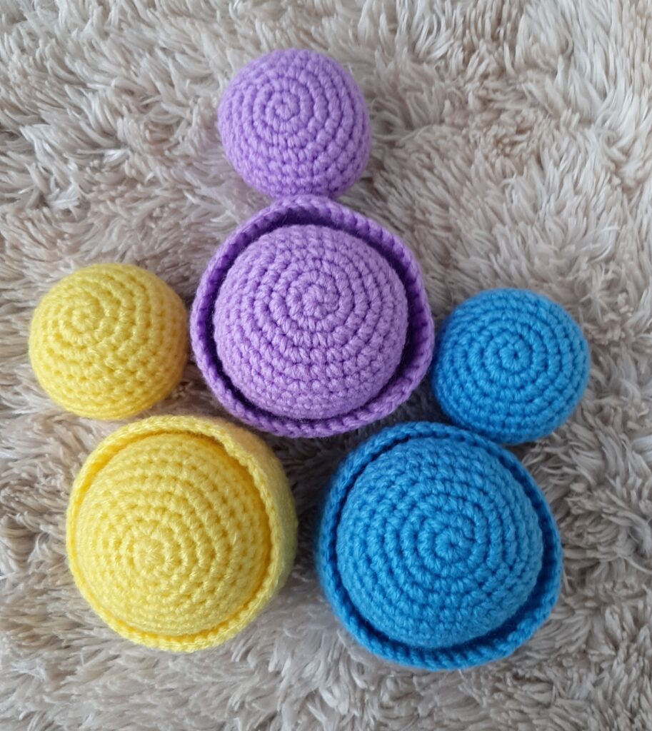 sort and balance crochet zellow, purple, and blue
